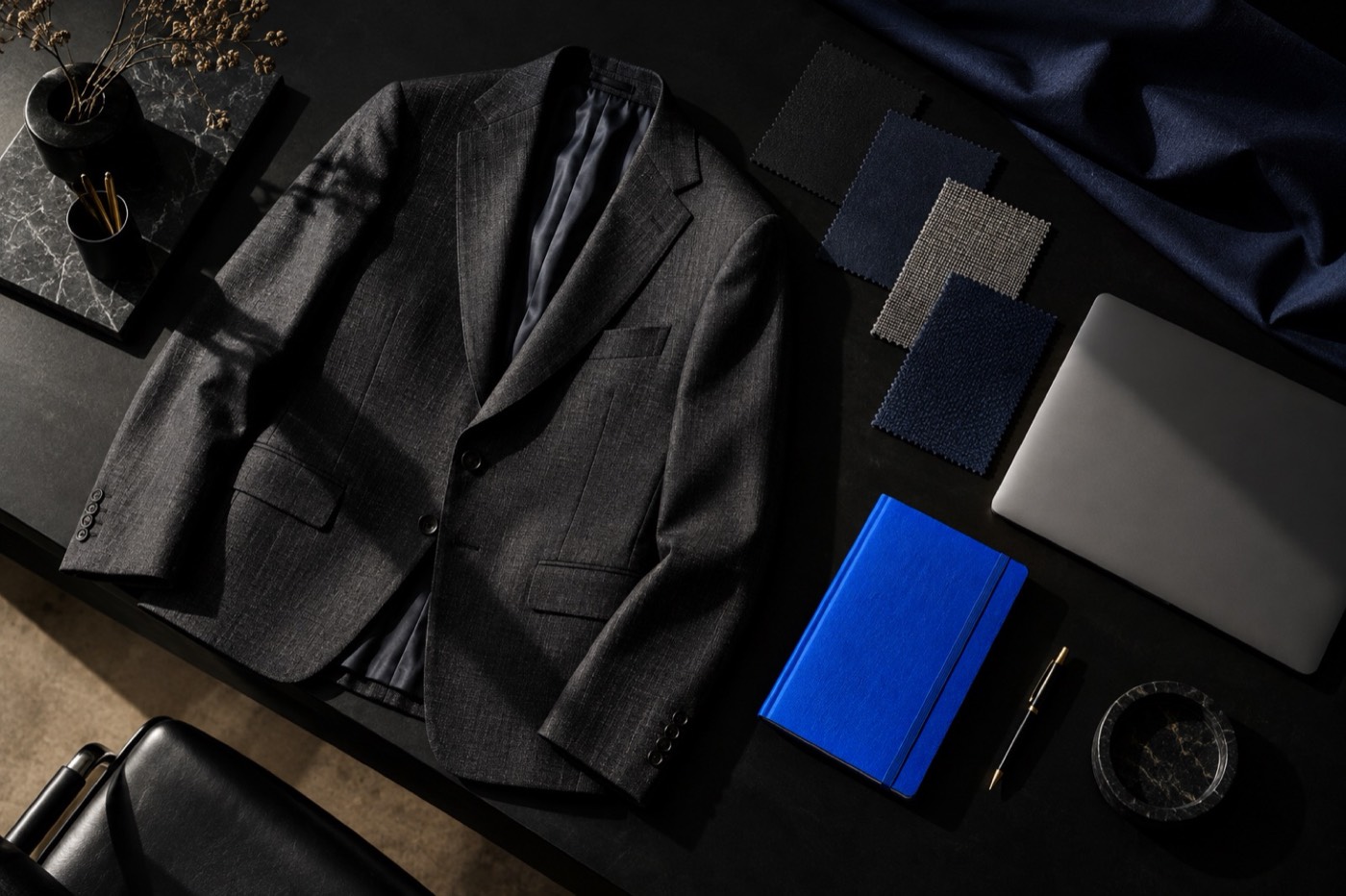 Top view of a dark desk with a charcoal pinstripe jacket laid flat, four cloth swatches, a blue notebook, a pen and a closed laptop