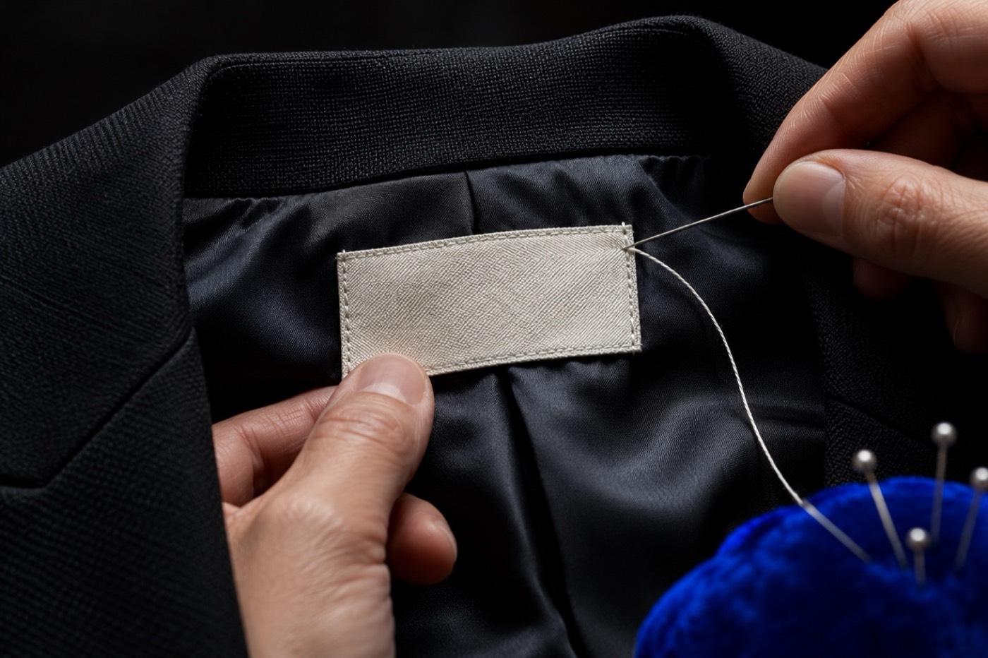 Two hands sew a blank cream label onto the lining below the collar of a black jacket with a threaded needle, next to a blue pincushion